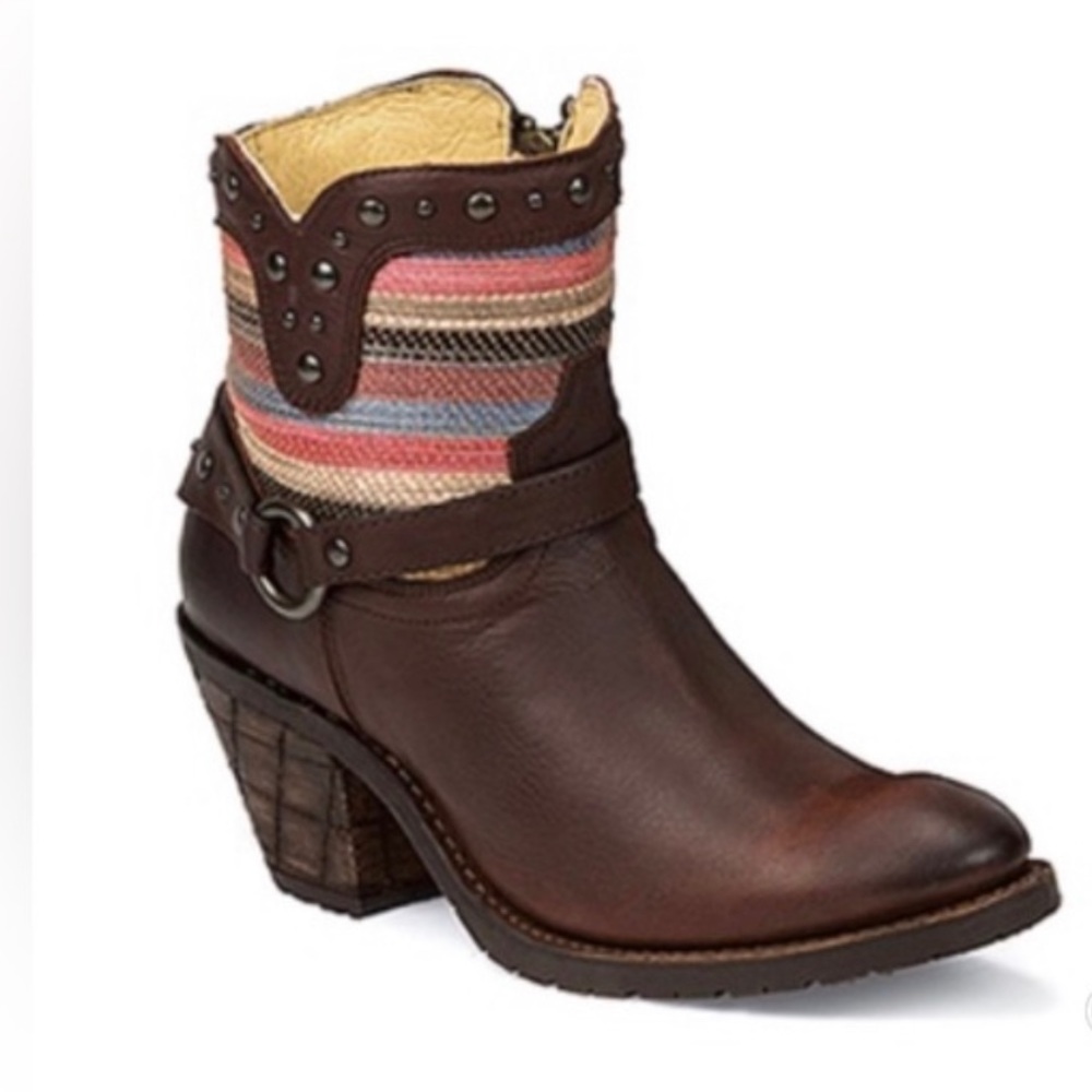 Justin Southwestern Shorty Boots Brown Leather Textile Shaft Sz 6